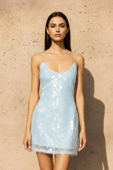 Sequins Mesh Spaghetti Straps Mini Dress in Sky Blue