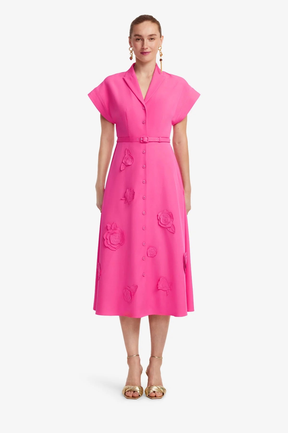 Aubrey Appliqué Shirt Midi Dress - Fuchsia