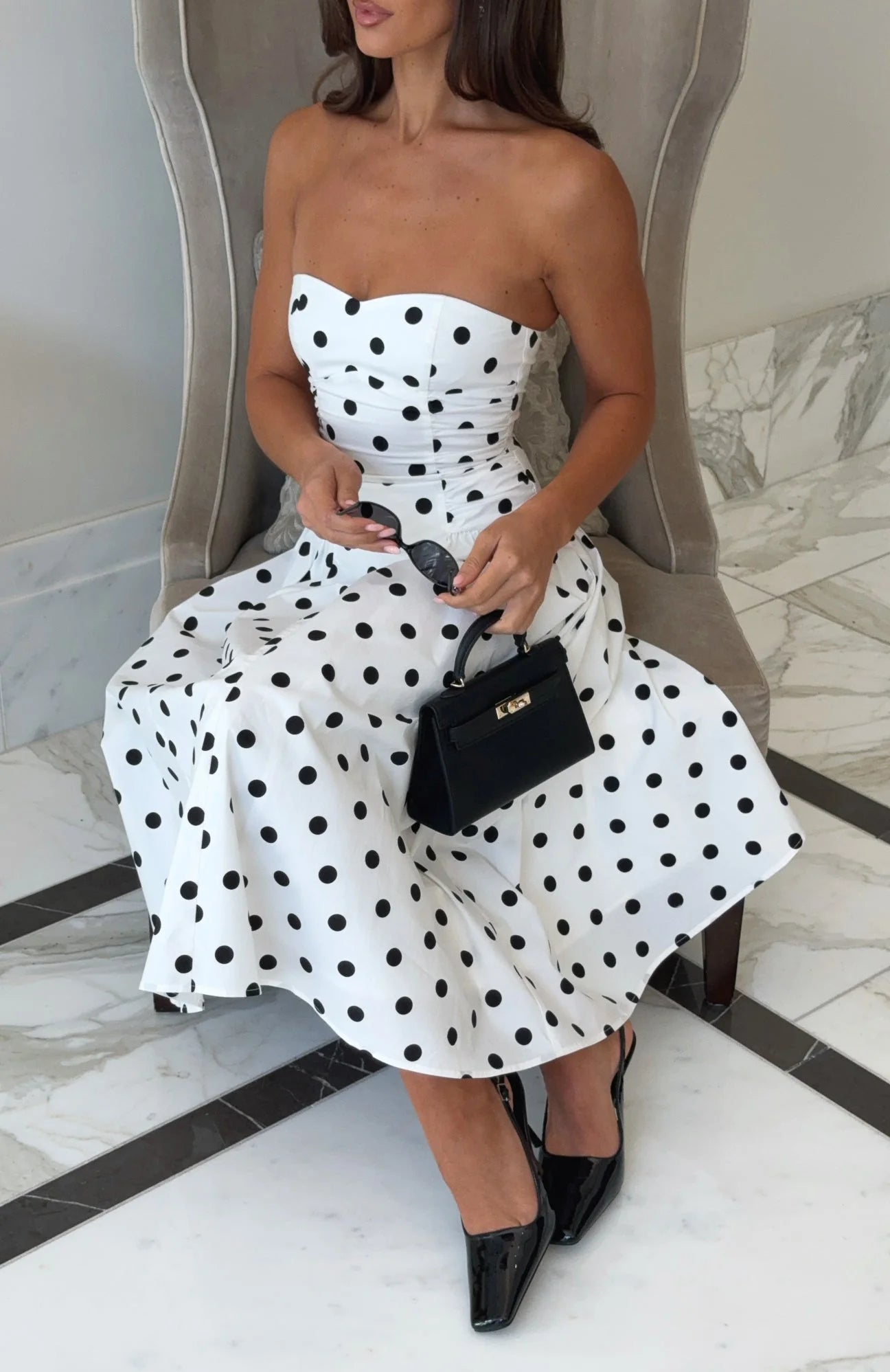 Rich In Love Strapless Midi Dress White/Black Polka Dot