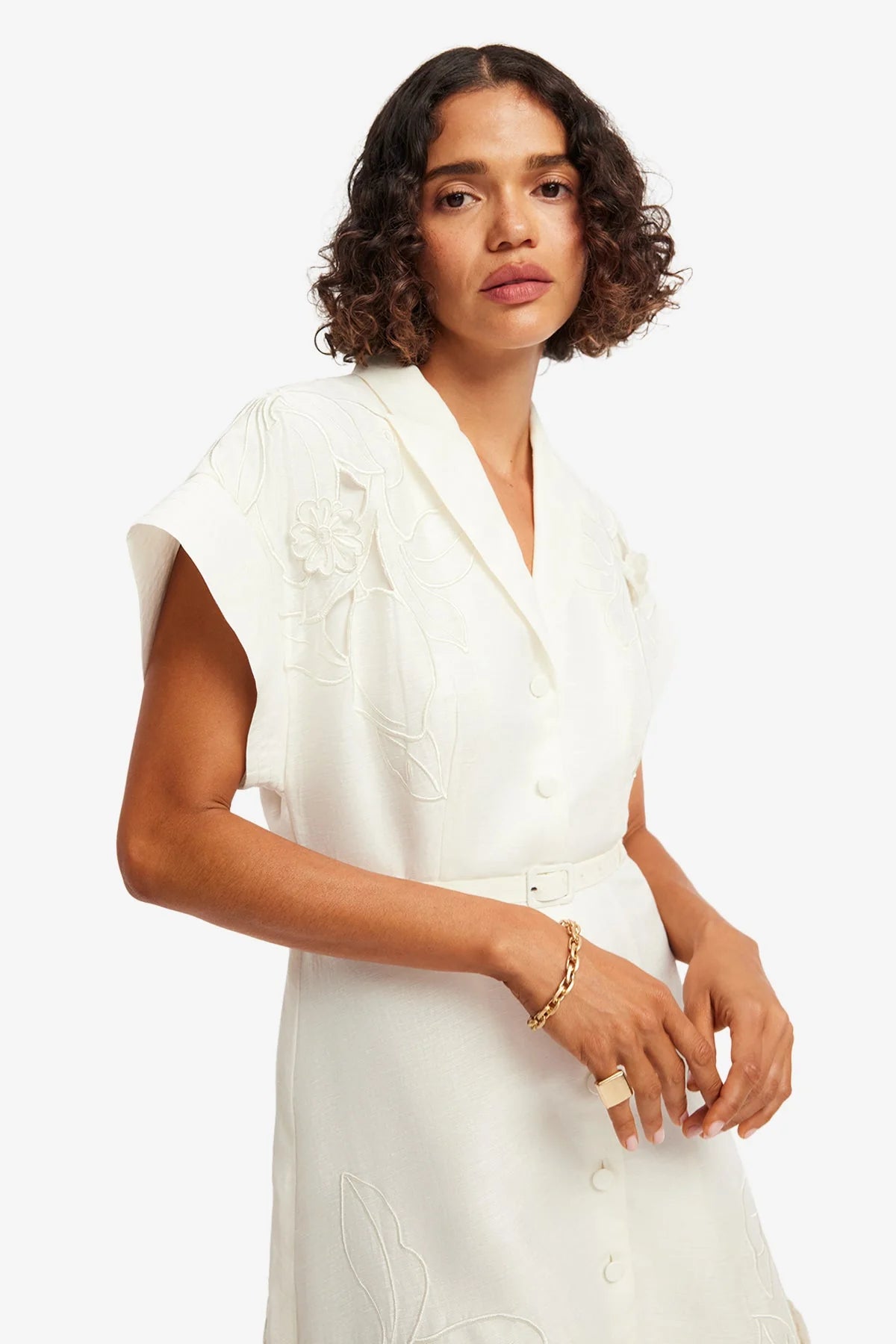 Aubrey Appliqué Shirt Midi Dress - Snow